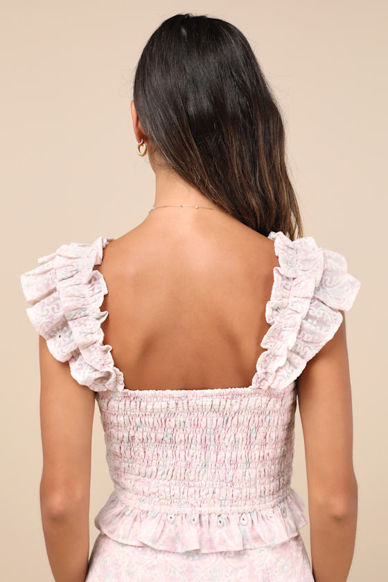 Haddie Light Pink Embroidered Smocked Crop Top 3