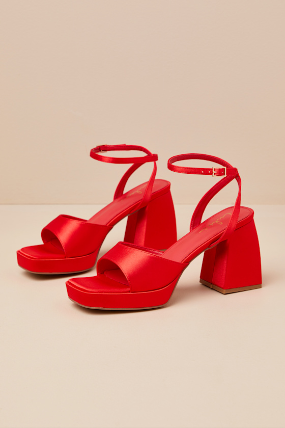 Lulus Shirine Red Satin Platform Ankle Strap Heels