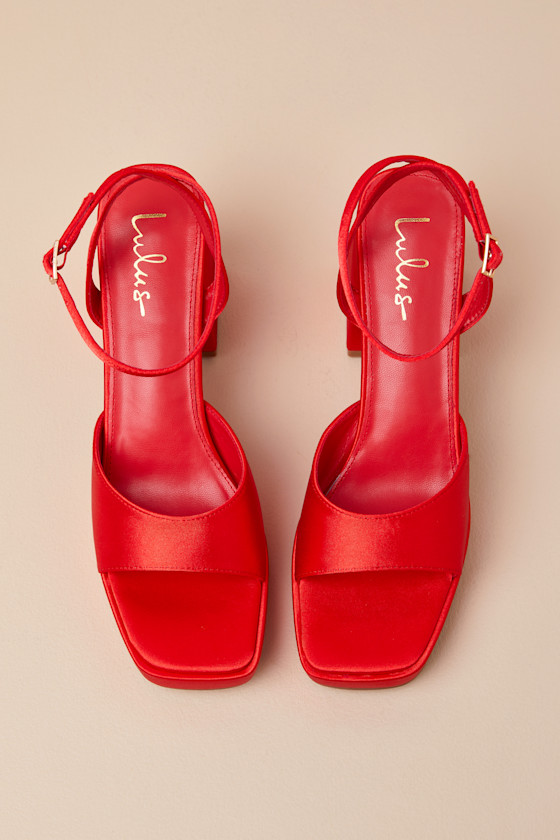 Lulus Shirine Red Satin Platform Ankle Strap Heels
