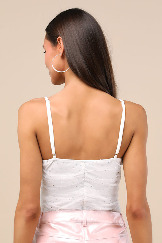 Lulus Andreina White Rhinestone Mesh Ruched Bodysuit