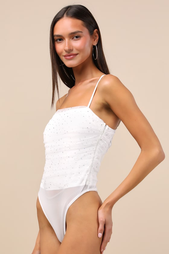 Lulus Andreina White Rhinestone Mesh Ruched Bodysuit