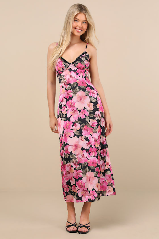 Lulus Mattie Black And Pink Floral Satin Lace Midi Slip Dress
