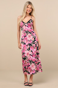 Mattie Black and Pink Floral Satin Lace Midi Slip Dress