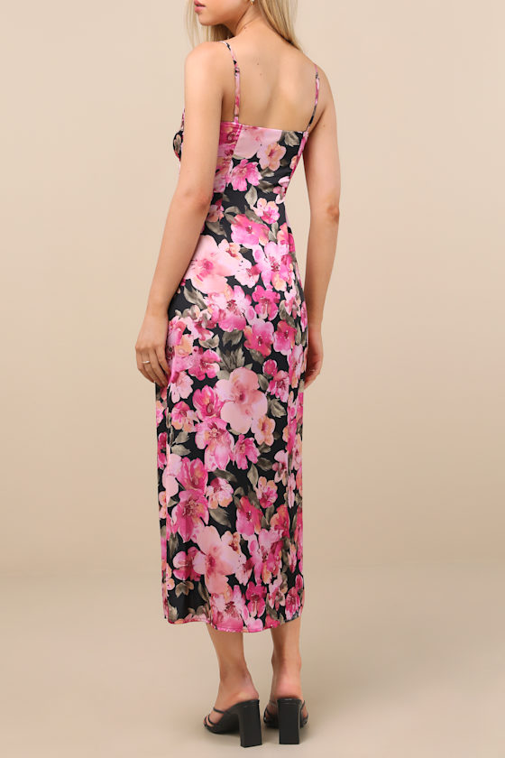 Lulus Mattie Black And Pink Floral Satin Lace Midi Slip Dress