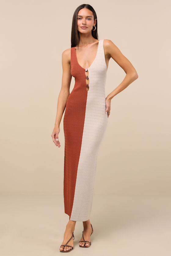 Lulus Oleta Rust And Light Beige Color Block Textured Knit Midi Dress