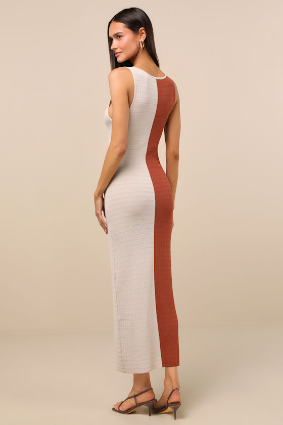 Lulus Oleta Rust And Light Beige Color Block Textured Knit Midi Dress