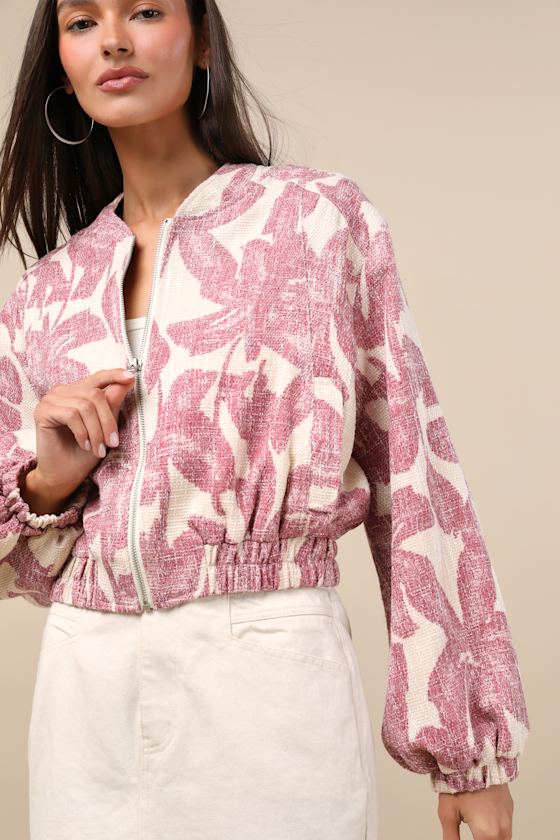 Lulus Signey Light Beige And Mauve Pink Floral Bomber Jacket