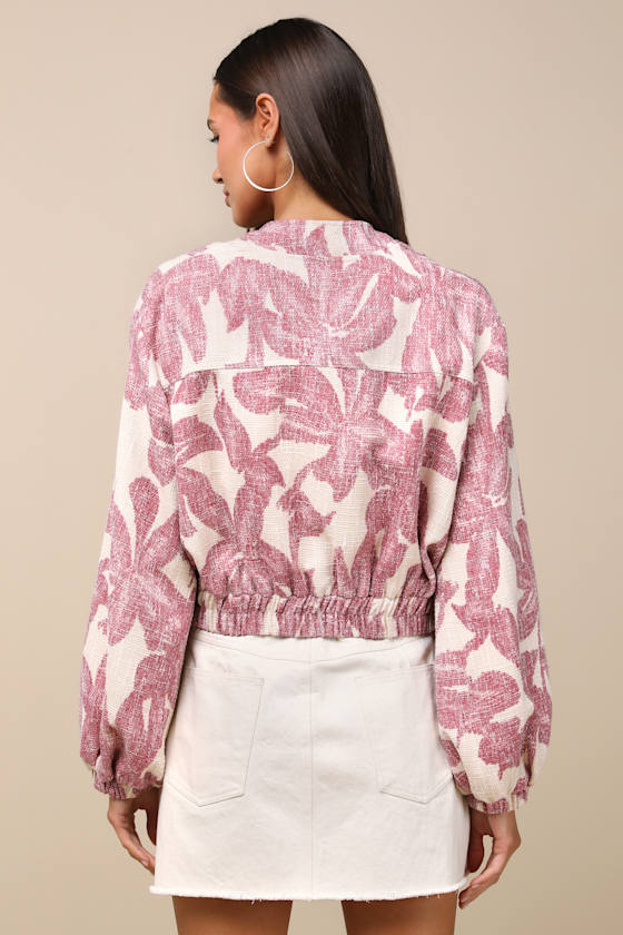 Lulus Signey Light Beige And Mauve Pink Floral Bomber Jacket