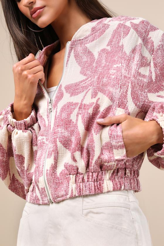 Lulus Signey Light Beige And Mauve Pink Floral Bomber Jacket