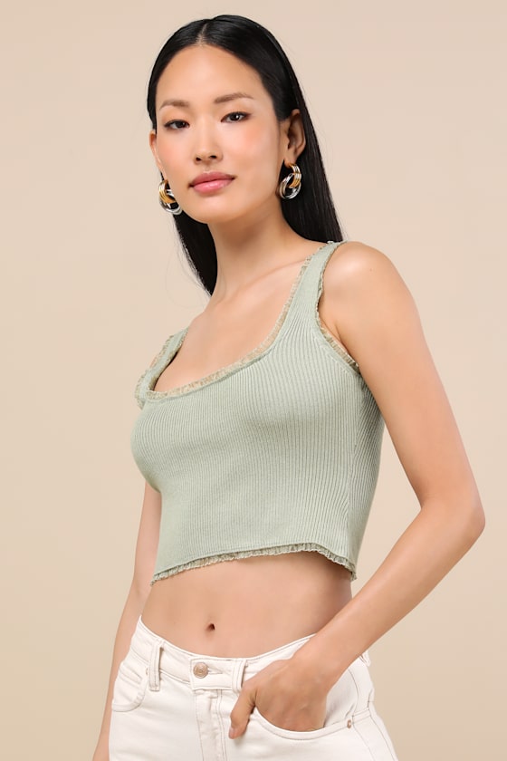 Lulus Josepha Sage Ribbed Knit Ruffled Crop Tank Top
