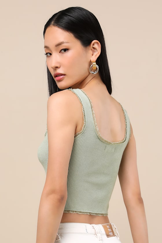 Lulus Josepha Sage Ribbed Knit Ruffled Crop Tank Top