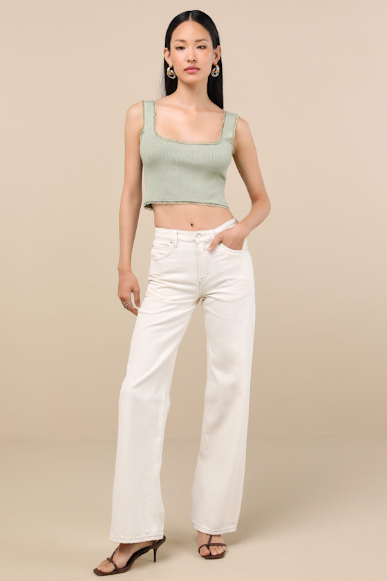 Lulus Josepha Sage Ribbed Knit Ruffled Crop Tank Top