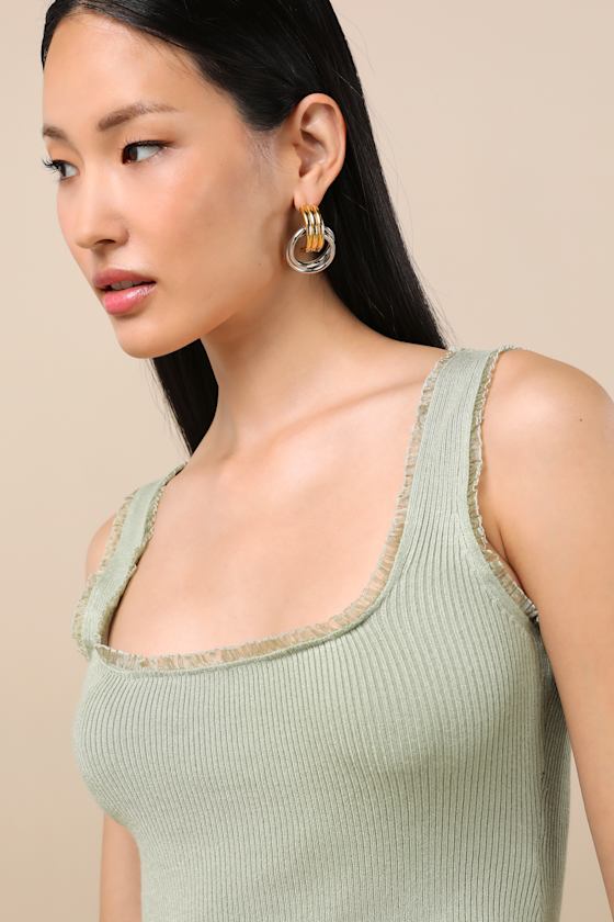 Lulus Josepha Sage Ribbed Knit Ruffled Crop Tank Top