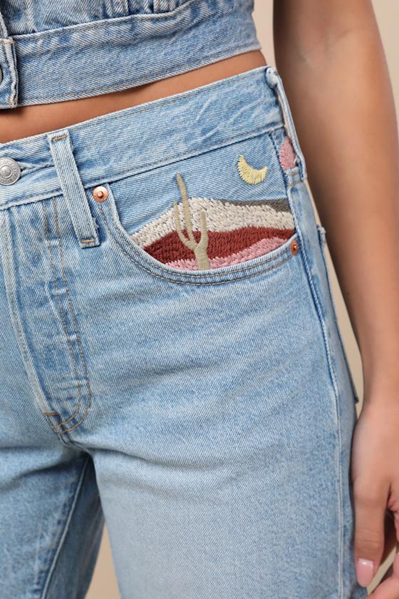 501 Mid Thigh Light Wash Denim Embroidered Shorts 2