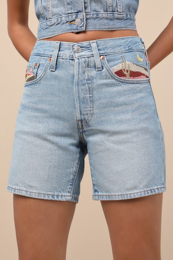 Shop Levi's 501 Mid Thigh Light Wash Denim Embroidered Shorts