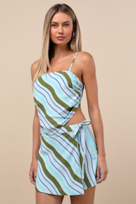 Zola Blue Striped Mid-Rise Faux Wrap Skort 1