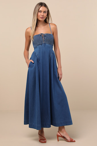 Laylie Medium Wash Denim Lace-Up Midi Dress 1