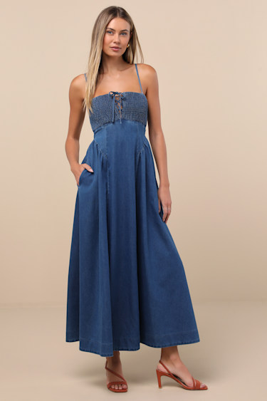 Lulus | Blue Laylie Medium Wash Denim Lace-Up Midi Dress | Womens | Small (Available in XXL, XS, M, L, XL) | Cotton/Polyester Lulus | Blue Laylie Medium Wash Denim Lace-Up Midi Dress | Womens | Small (Available in XXL, XS, M, L, XL) | Cotton/Polyester