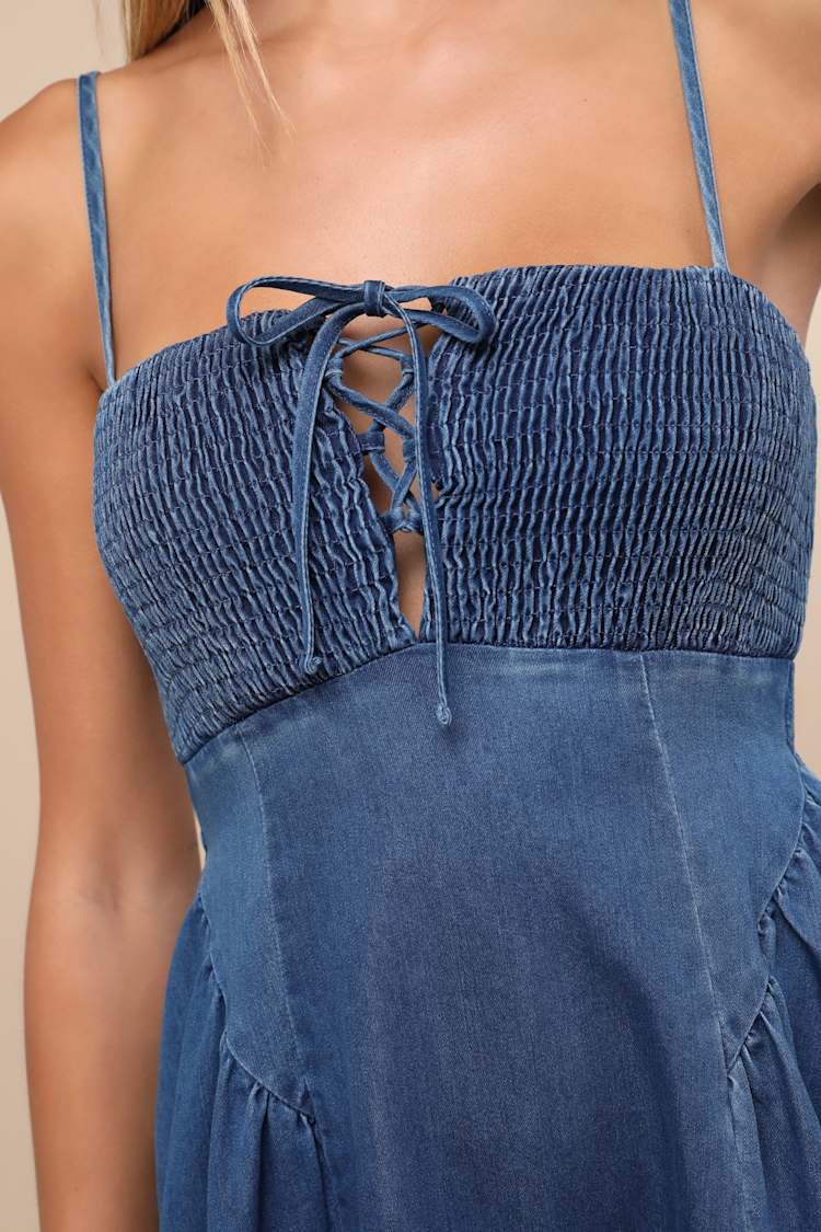 Laylie Medium Wash Denim Lace-Up Midi Dress