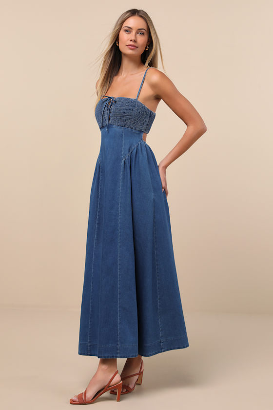 Lulus Laylie Medium Wash Denim Lace-up Midi Dress