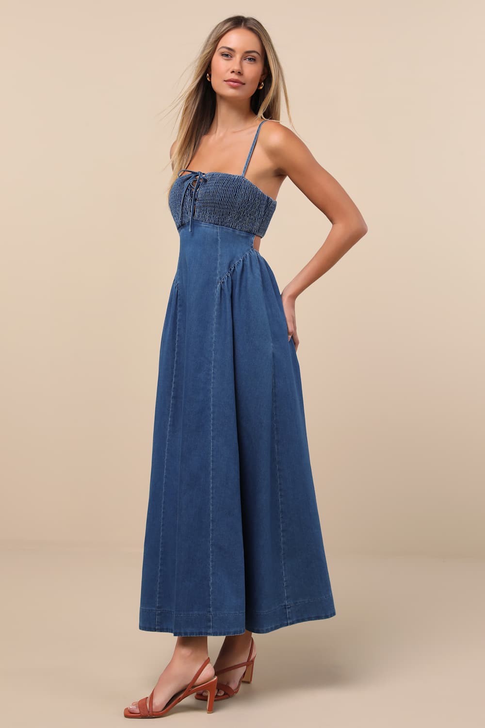 Laylie Medium Wash Denim Lace-Up Midi Dress
