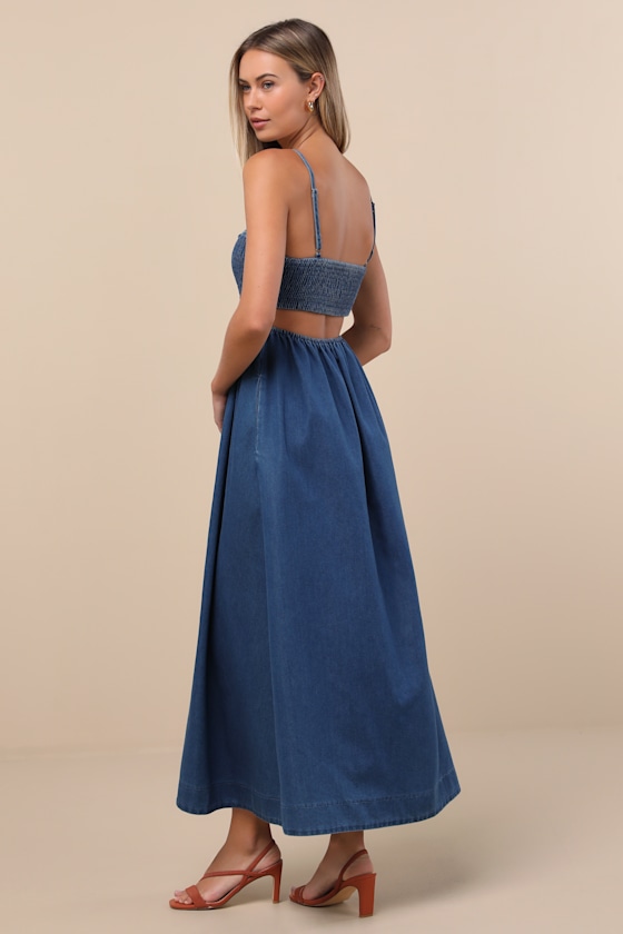 Lulus Laylie Medium Wash Denim Lace-up Midi Dress