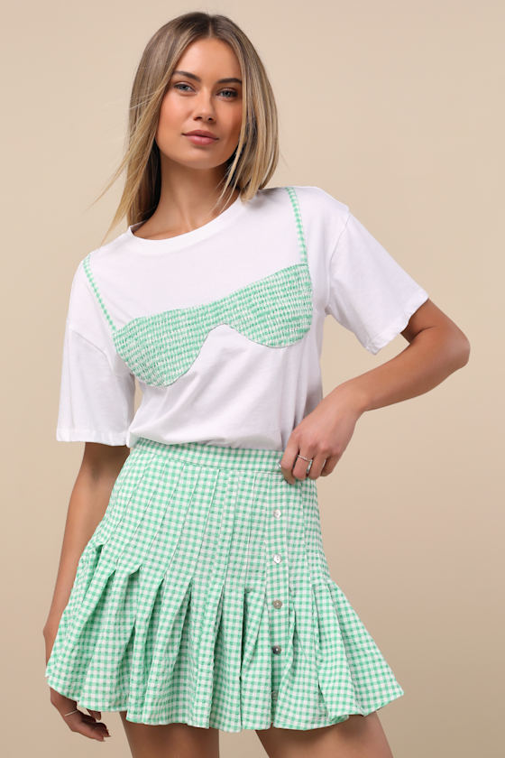 Jacquie The Label Natalia Green Gingham Pleated Mini Skirt