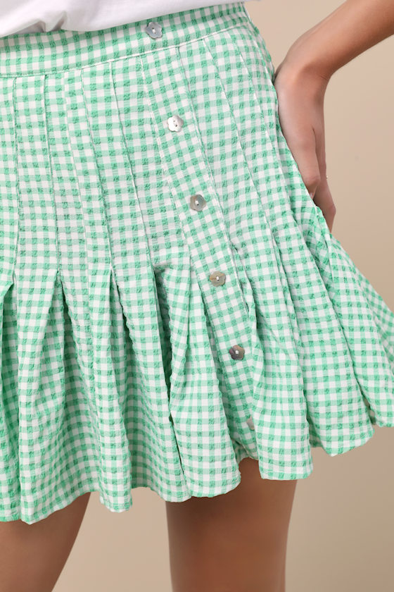Jacquie The Label Natalia Green Gingham Pleated Mini Skirt