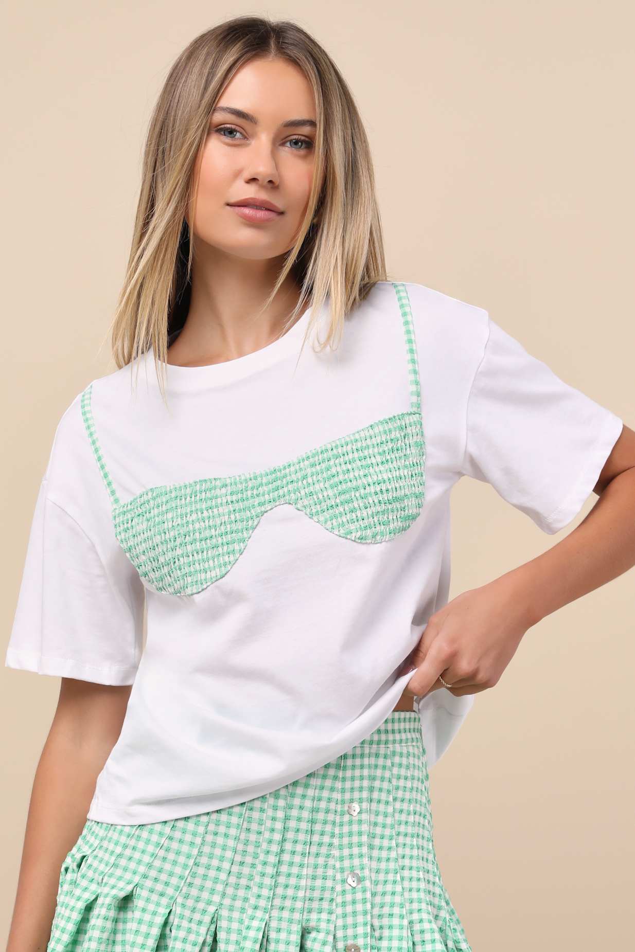 Natalia White and Green Gingham Bikini Top Tee