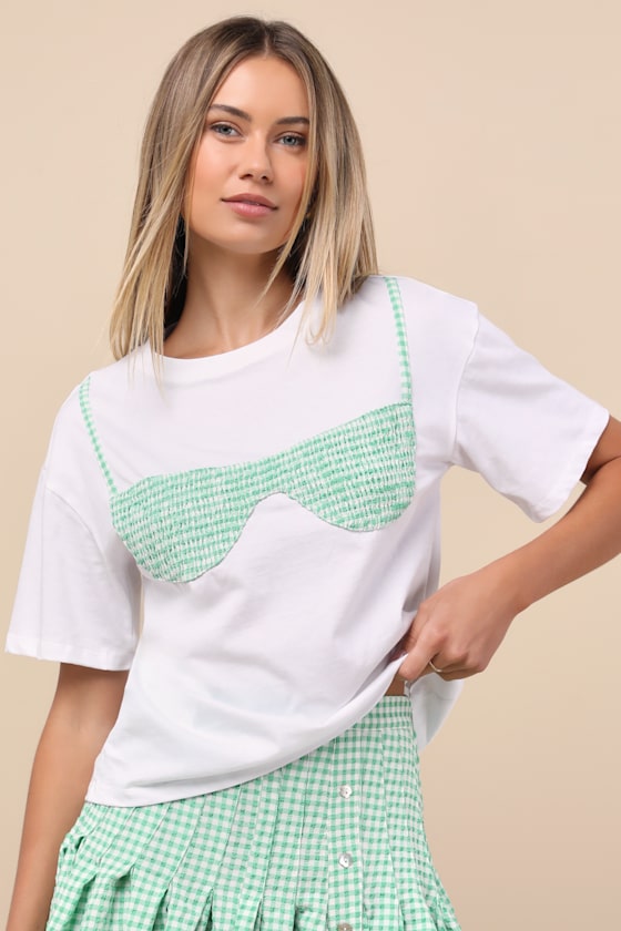 Natalia Ivory and Green Gingham Bikini Top Tee 1