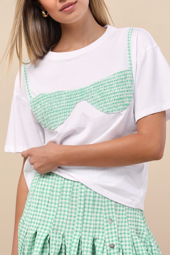 Shop Jacquie The Label Natalia White And Green Gingham Bikini Top Tee