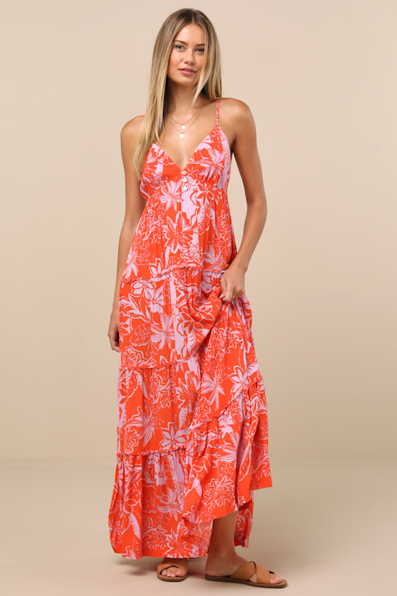 Image of Warm Rays Coral Tropical Print Tiered Tie-Back Maxi Dress