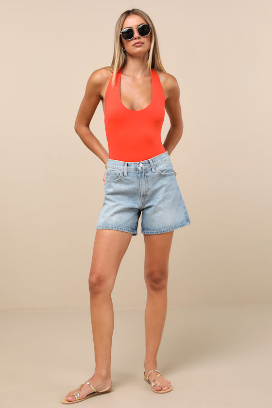 Lulus Boldly Blooming Bright Orange Halter Bodysuit