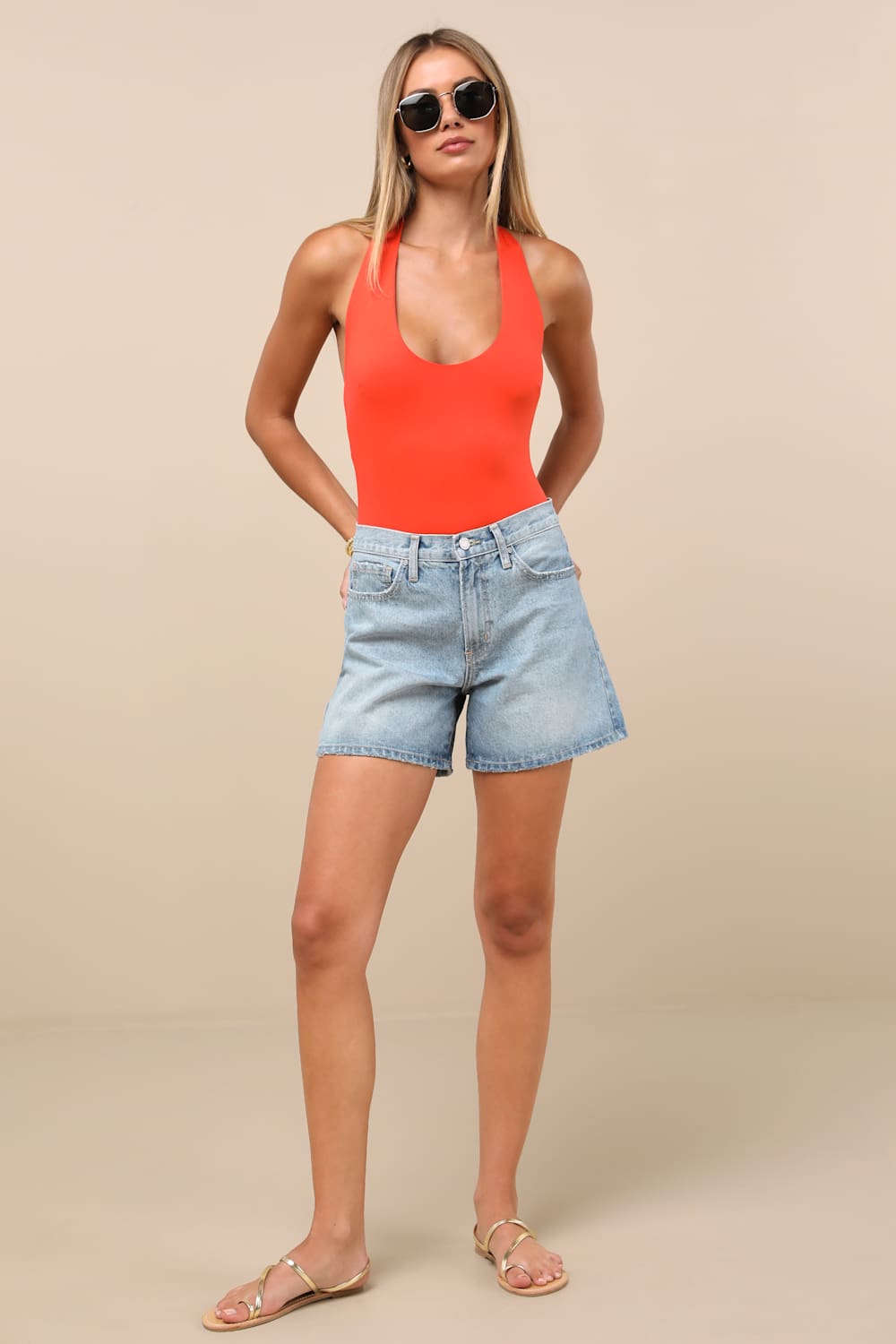 Boldly Blooming Bright Orange Halter Bodysuit