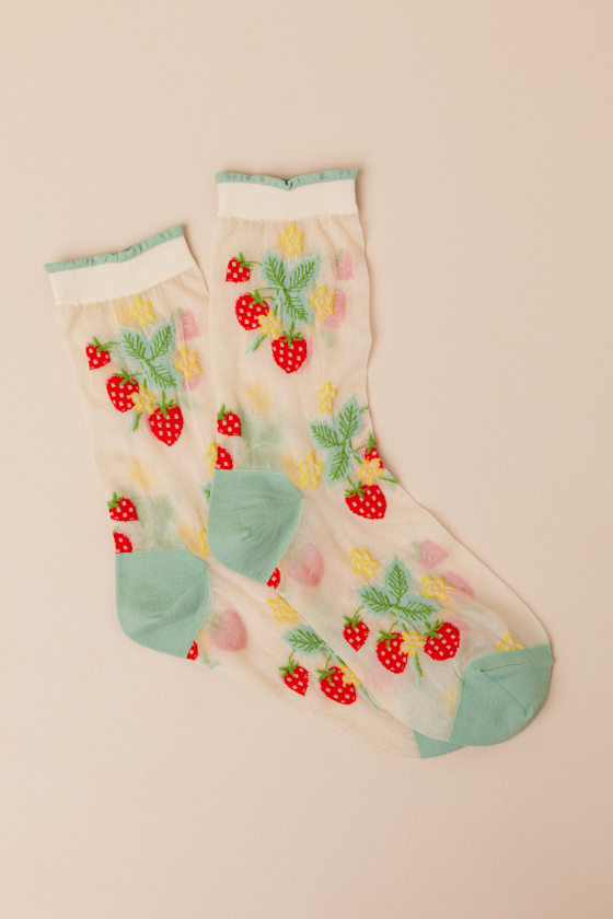 Wild Strawberry Beige and Green Sheer Embroidered Socks 1