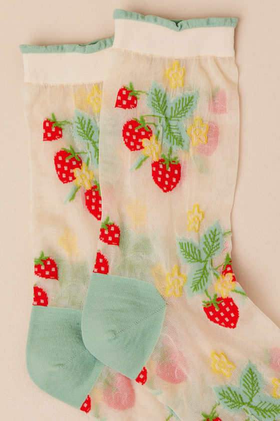 Shop Hansel From Basel Wild Strawberry Beige And Green Sheer Embroidered Socks