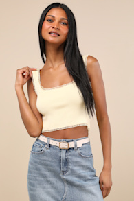 Josepha Light Yellow Ribbed Knit Ruffled Crop Tank Top 1