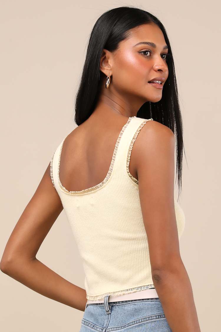 Josepha Light Yellow Ribbed Knit Ruffled Crop Tank Top