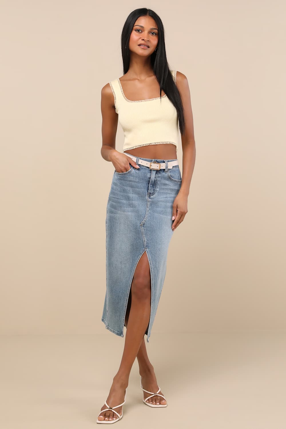 Josepha Light Yellow Ribbed Knit Ruffled Crop Tank Top