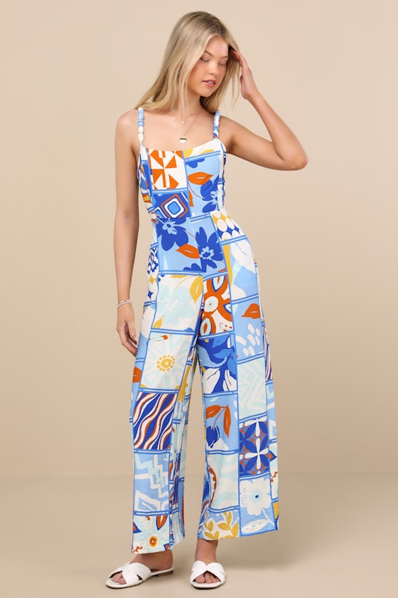 Lulus Bold Extravagance Blue Multi Print Sleeveless Wide-leg Jumpsuit