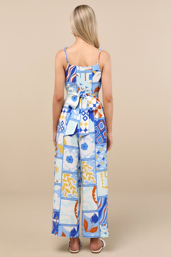 Lulus Bold Extravagance Blue Multi Print Sleeveless Wide-leg Jumpsuit