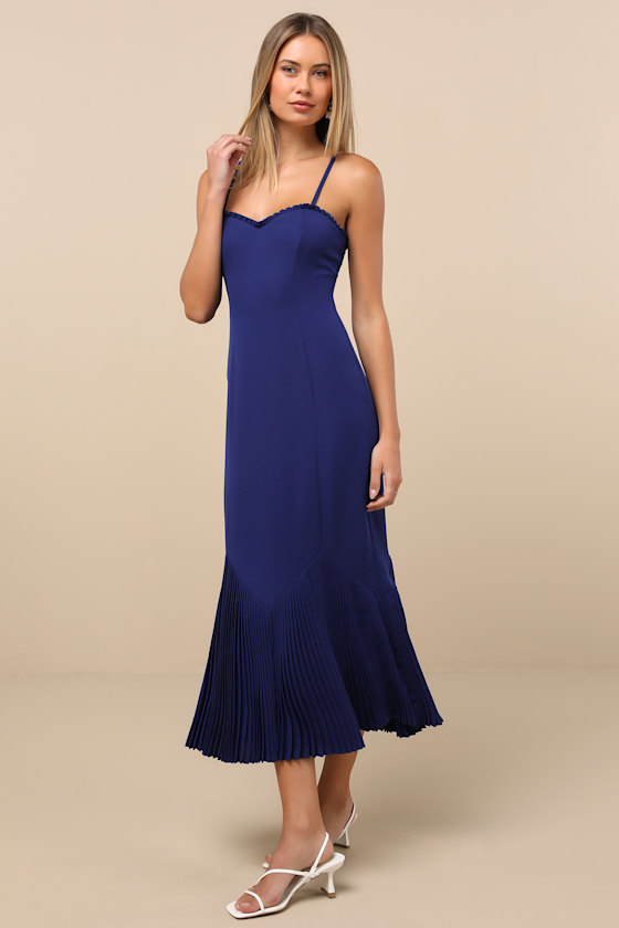 Lulus Channa Navy Blue Pleated Hem Midi Dress