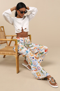 Eydis Ivory Multi Print Wide-Leg Drawstring Pants 1