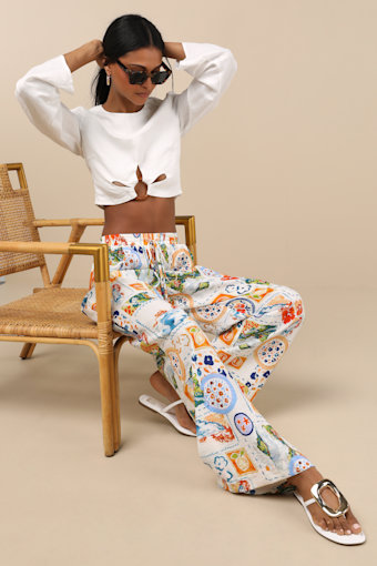 Eydis Ivory Multi Print Wide-Leg Drawstring Pants 1