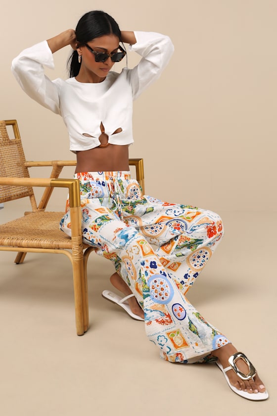 Eydis Ivory Multi Print Wide-Leg Drawstring Pants 1
