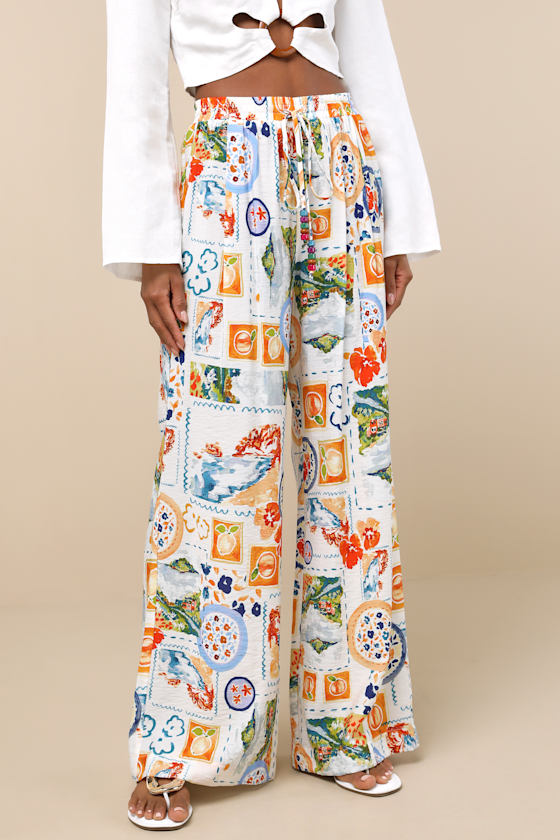 LULUS EYDIS IVORY MULTI PRINT WIDE-LEG DRAWSTRING PANTS
