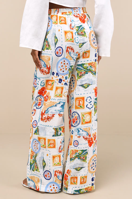LULUS EYDIS IVORY MULTI PRINT WIDE-LEG DRAWSTRING PANTS