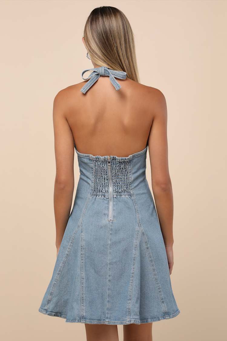 Malia Light Wash Halter Skater Mini Dress