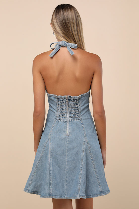 Malia Light Wash Halter Skater Mini Dress 2