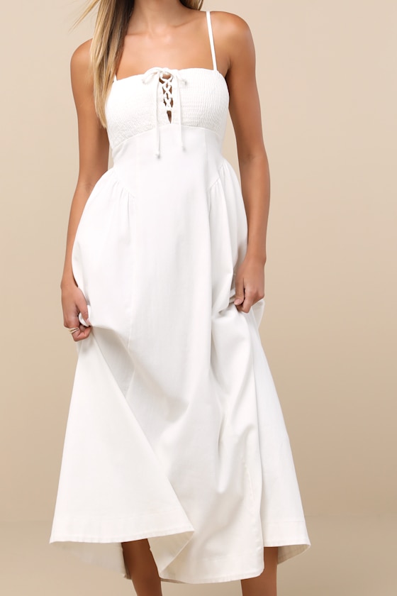 Lulus Laylie White Denim Lace-up Midi Dress